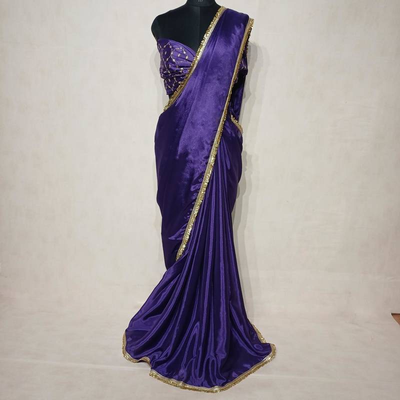 Designer Chinon Saree Decorated With Readymade Gold Sequence Lace  And Sequence Embroidered Unstitched  Blouse Piece