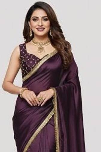 wine silk saree with lace border sequins work
