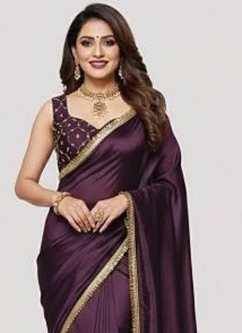 Designer Chinon Saree Decorated With Readymade Gold Sequence Lace  And Sequence Embroidered Unstitched  Blouse Piece