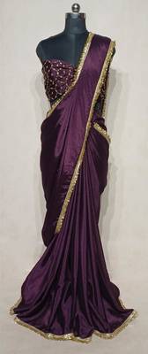 wine silk saree with lace border sequins work 2