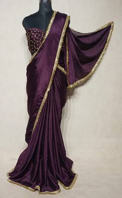wine silk saree with lace border sequins work 3