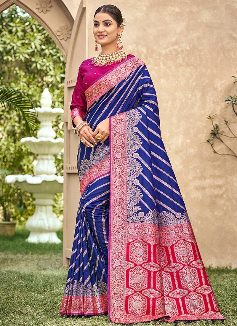 Royal blue & rani pink banarasi silk saree with traditional woven zari work