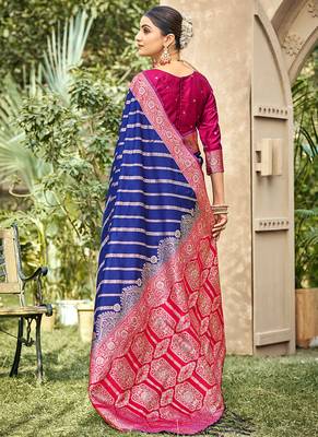 Royal blue & rani pink banarasi silk saree with traditional woven zari work 2