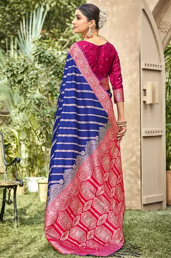 Royal blue & rani pink banarasi silk saree with traditional woven zari work