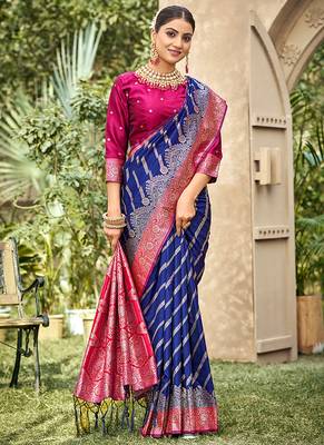 Royal blue & rani pink banarasi silk saree with traditional woven zari work 3