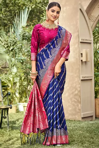 Royal blue & rani pink banarasi silk saree with traditional woven zari work