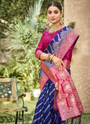 Royal blue & rani pink banarasi silk saree with traditional woven zari work 4