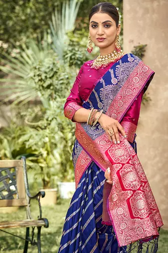 Royal blue & rani pink banarasi silk saree with traditional woven zari work