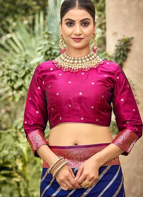 Royal blue & rani pink banarasi silk saree with traditional woven zari work 5