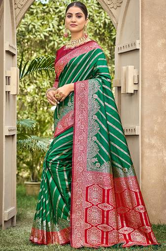 Bottle green & red banarasi silk saree with heavy woven zari work