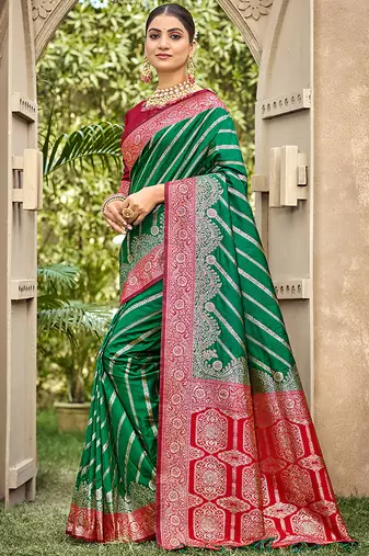 Bottle green & red banarasi silk saree with heavy woven zari work