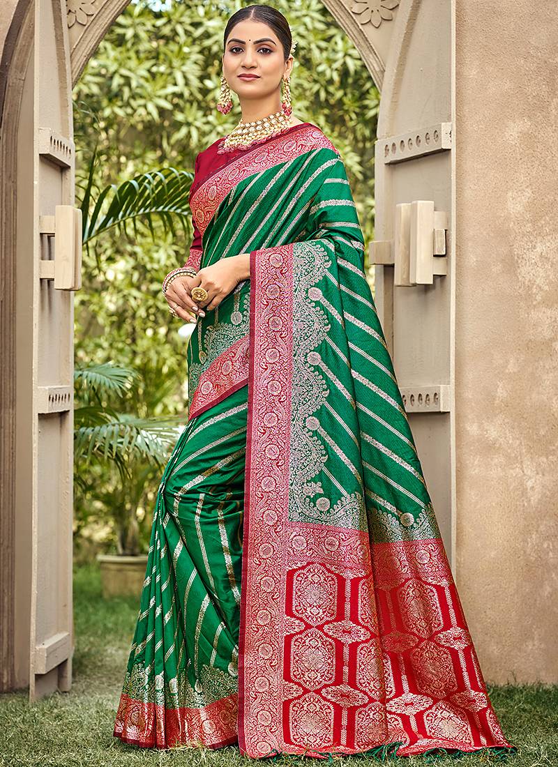 Bottle green & red banarasi silk saree with heavy woven zari work