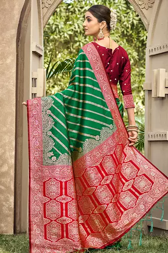 Bottle green & red banarasi silk saree with heavy woven zari work