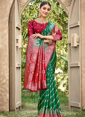 Bottle green & red banarasi silk saree with heavy woven zari work 3