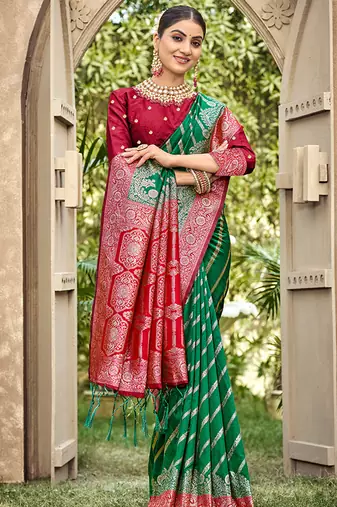 Bottle green & red banarasi silk saree with heavy woven zari work