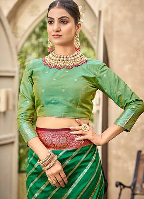 Bottle green & red banarasi silk saree with heavy woven zari work 5