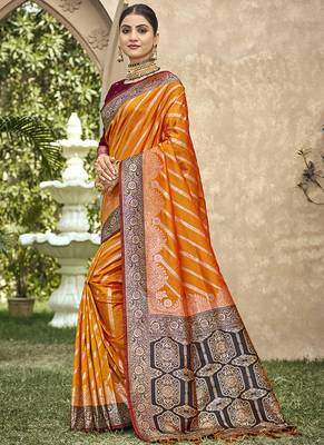 Elegant orange banarasi silk saree with maroon contrast blouse 2