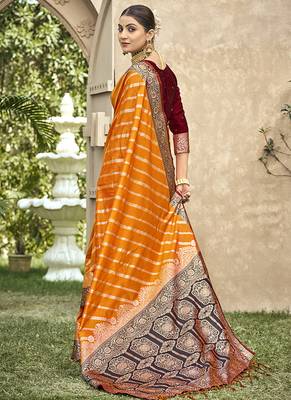 Elegant orange banarasi silk saree with maroon contrast blouse 3
