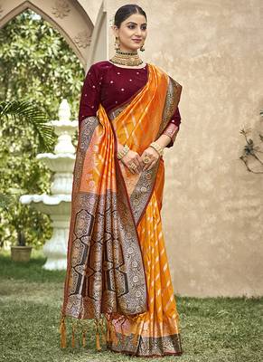 Elegant orange banarasi silk saree with maroon contrast blouse 4