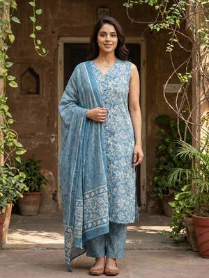 blue and beige pure cotton straight regular kurta set 1