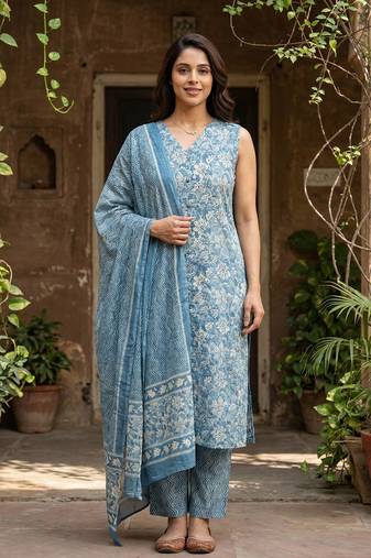 Anouk blue and beige pure cotton straight regular kurta set