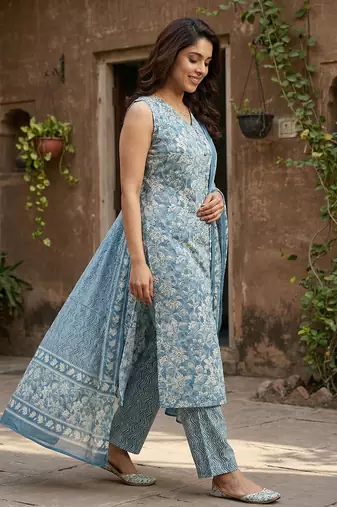 blue and beige pure cotton straight regular kurta set