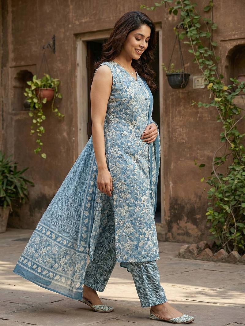 Anouk blue and beige pure cotton straight regular kurta set