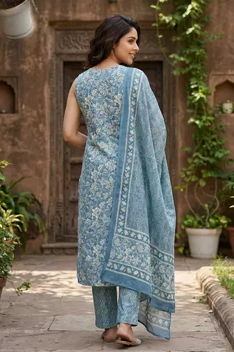 blue and beige pure cotton straight regular kurta set