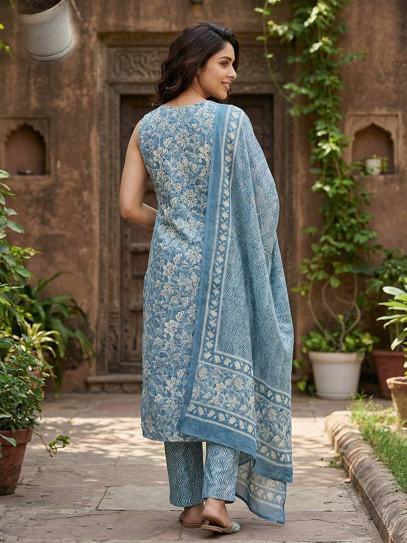 Anouk blue and beige pure cotton straight regular kurta set