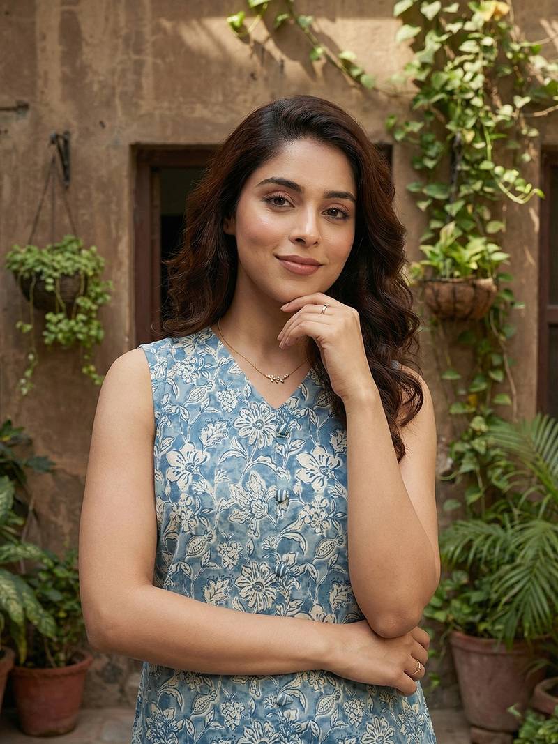 Anouk blue and beige pure cotton straight regular kurta set