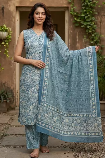 blue and beige pure cotton straight regular kurta set