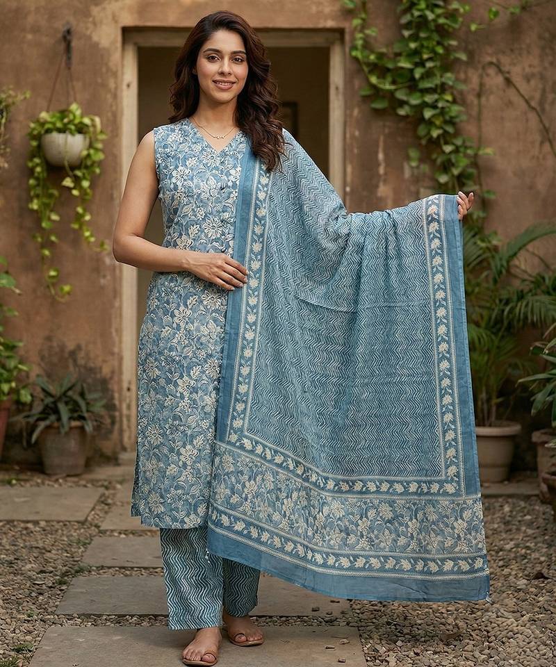 Anouk blue and beige pure cotton straight regular kurta set