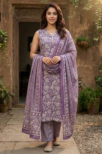 Anouk mauve and beige pure cotton straight regular kurta set