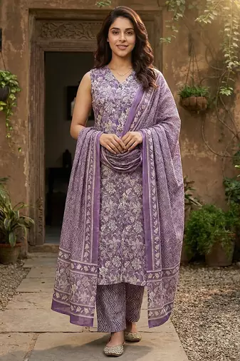 Anouk mauve and beige pure cotton straight regular kurta set