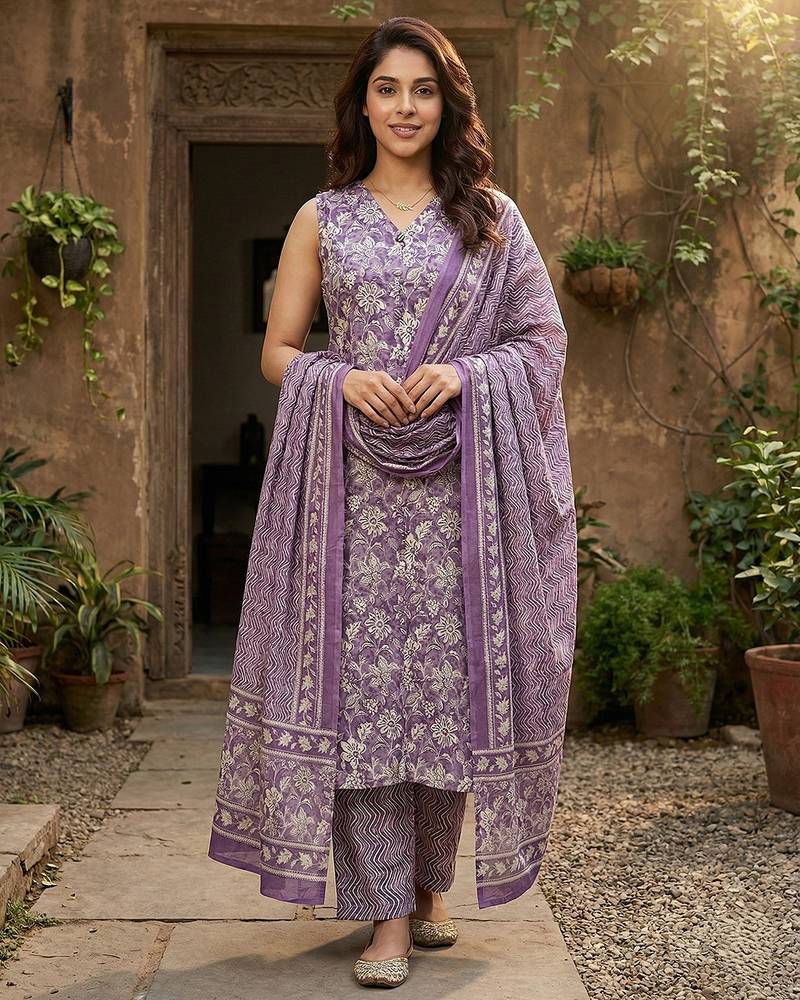 Anouk mauve and beige pure cotton straight regular kurta set