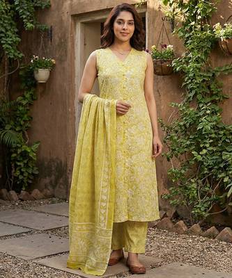 yellow and beige pure cotton straight regular kurta set 1