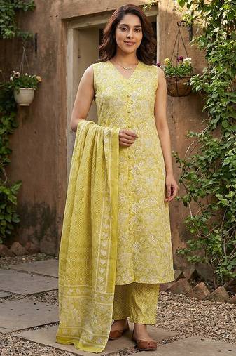 Anouk yellow and beige pure cotton straight regular kurta set