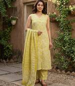 Anouk yellow and beige pure cotton straight regular kurta set