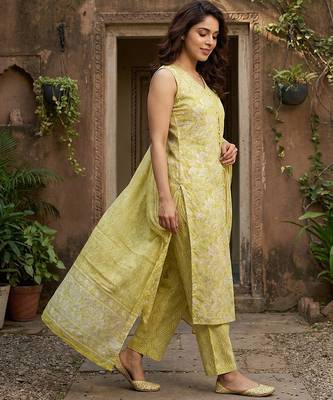 yellow and beige pure cotton straight regular kurta set 2