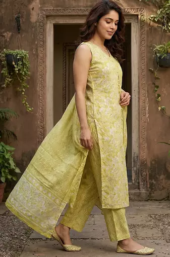 yellow and beige pure cotton straight regular kurta set