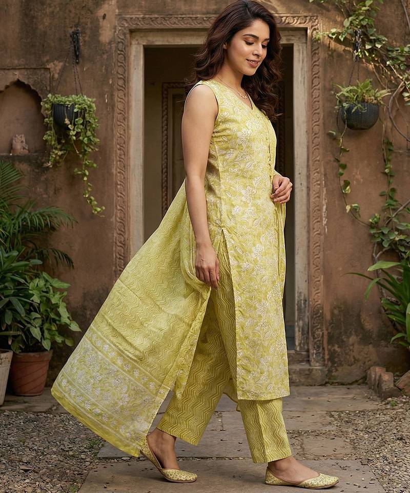 Anouk yellow and beige pure cotton straight regular kurta set