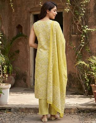 yellow and beige pure cotton straight regular kurta set 3