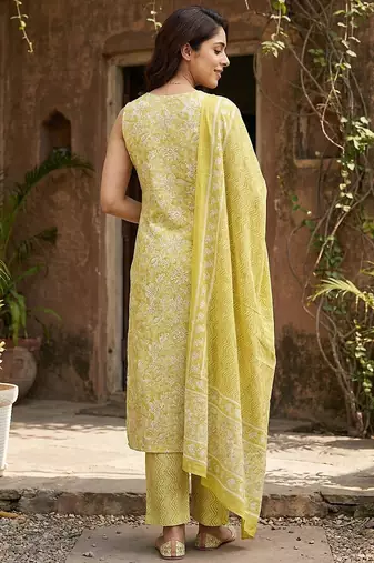 yellow and beige pure cotton straight regular kurta set