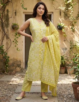 yellow and beige pure cotton straight regular kurta set 5