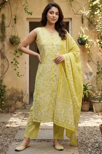 yellow and beige pure cotton straight regular kurta set