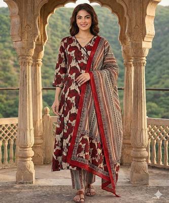 red and beige pure cotton a-line angrakha kurta set 1