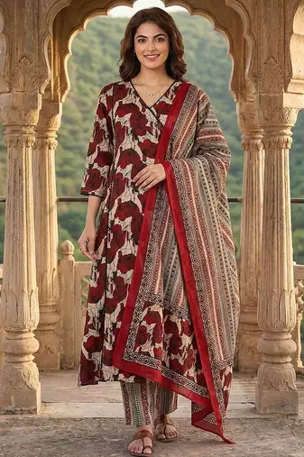 Anouk red and baige pure cotton a-line angrakha kurta set