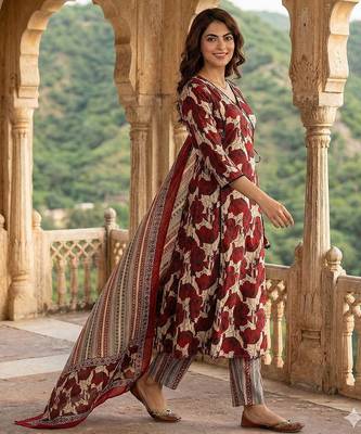 red and beige pure cotton a-line angrakha kurta set 2