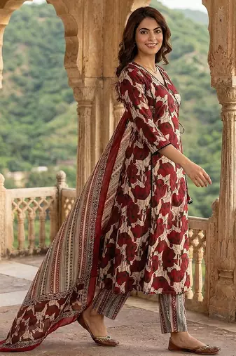 red and beige pure cotton a-line angrakha kurta set