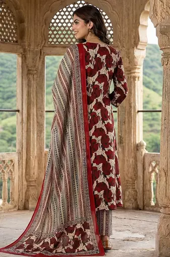 red and beige pure cotton a-line angrakha kurta set